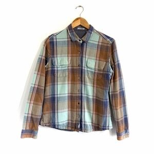 Toad and Co Mojacette relaxed fit shirt plaid blue shacket lined organic cotton